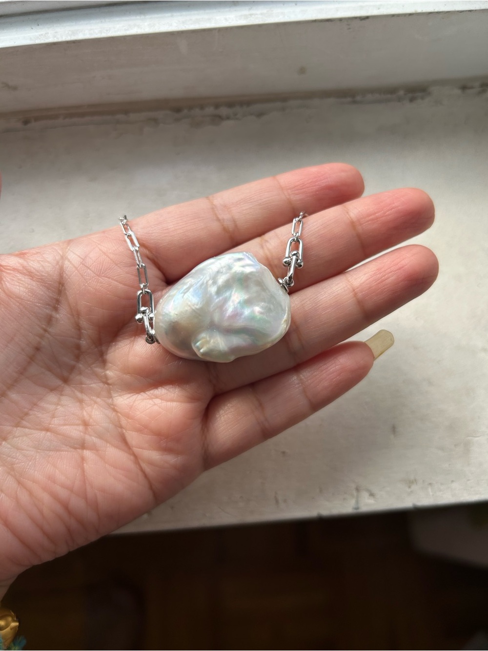 Baroque Pearl Statement Necklace - White Pearlescent Silver Chain